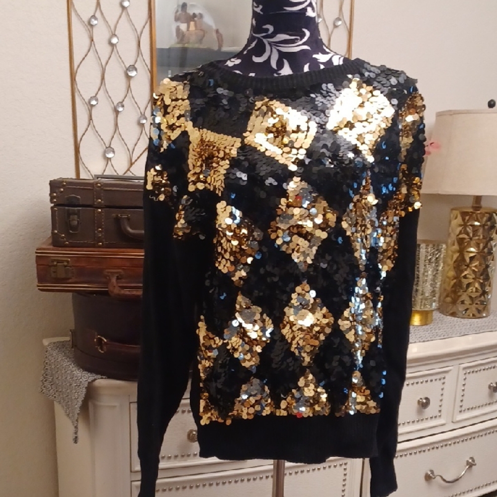Vintage Black and Gold Sequin Sweater
